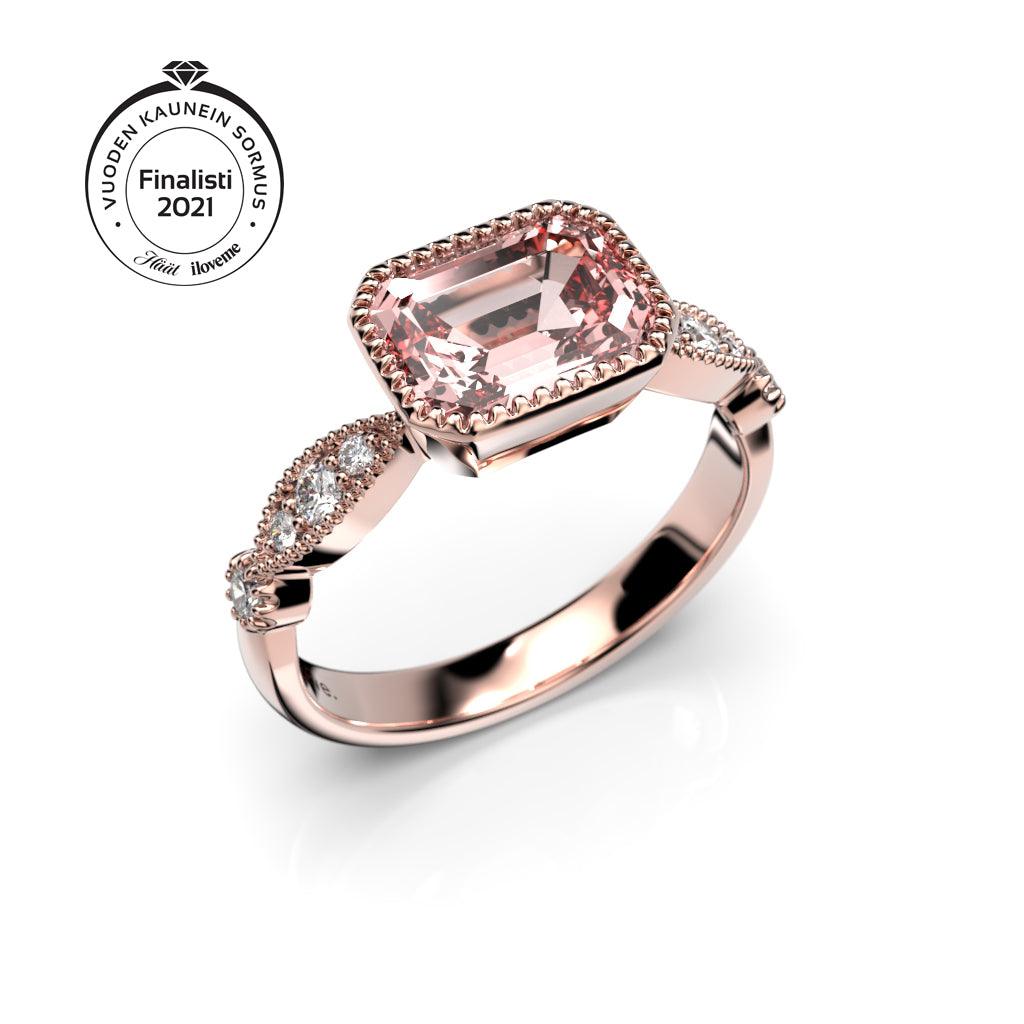 Festive Rosette - punakultainen timanttimorganiittisormus 14-652-136-PK-150 - Puustjärven Kello & Kulta