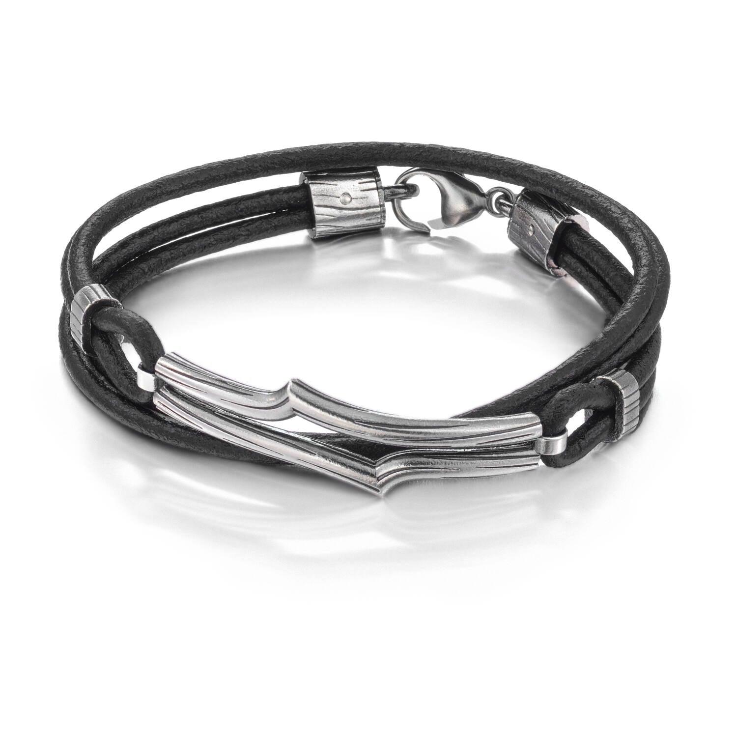 Lumoava Vaellus rannekekoru 54x13mm musta nahkanauha hopea L53239896195 - Puustjärven Kello & Kulta